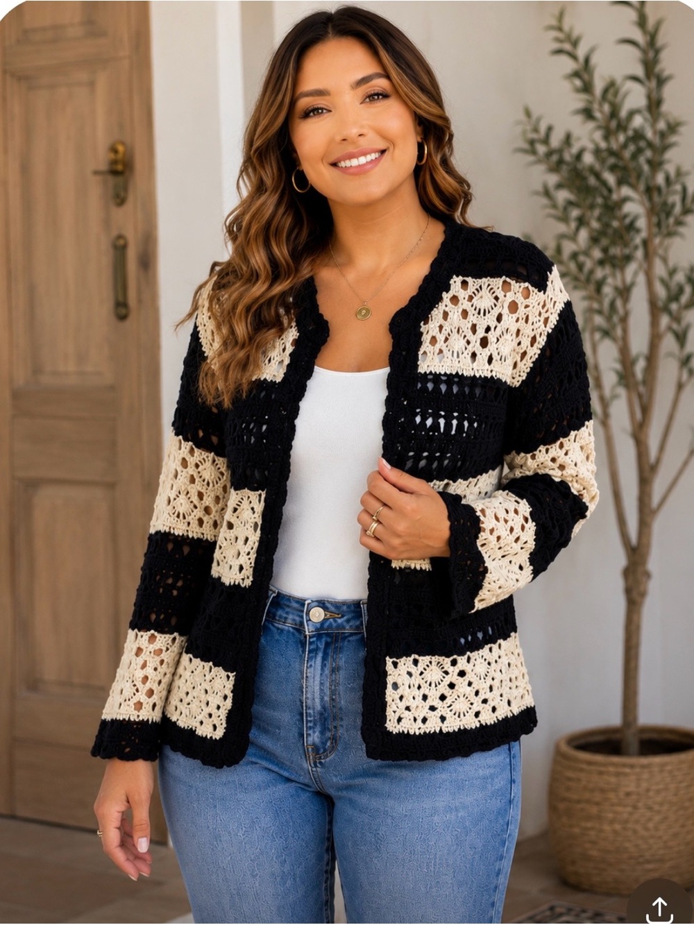 🖤🤍 Nouveau Crochet Cardigan Sweater |Small | Boho Open Knit Black & Cream Beauty